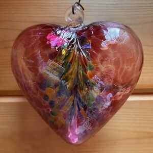 Valentines Day Hand Blown Polish Art Glass Red Iridescent Heart Ornament Gift